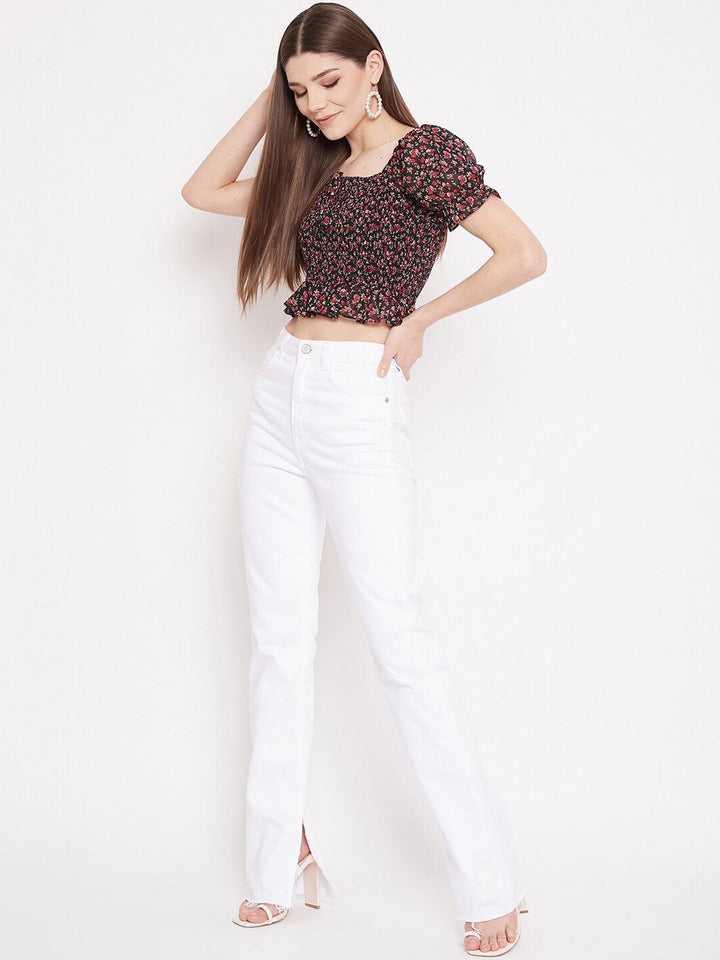 Berrylush Black Floral Smocked Crepe Blouson Crop Top