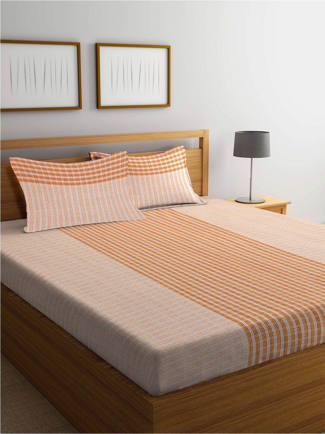 KLOTTHE Beige & Orange Striped 400 TC Pure Cotton King Bedsheet with 2 Pillow Covers
