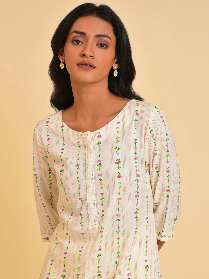 W White & Pink Lace Floral Printed Straight Kurta
