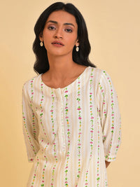 W White & Pink Lace Floral Printed Straight Kurta
