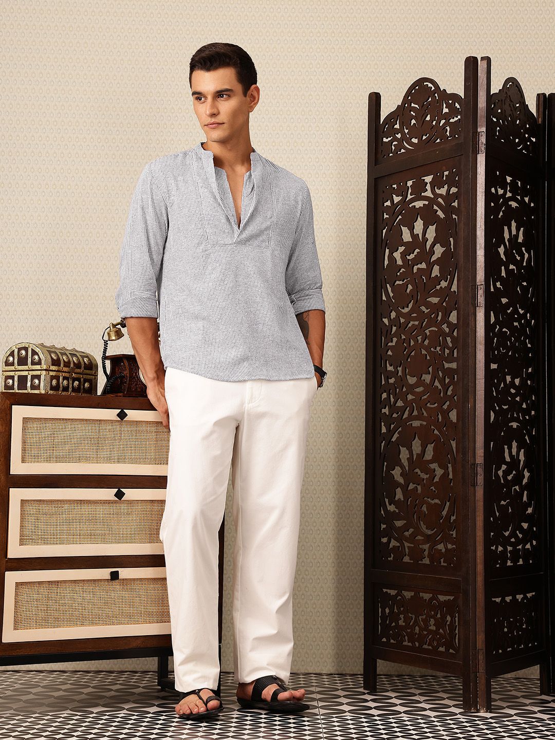 House of Pataudi Striped Pure Cotton Rozana Kurta