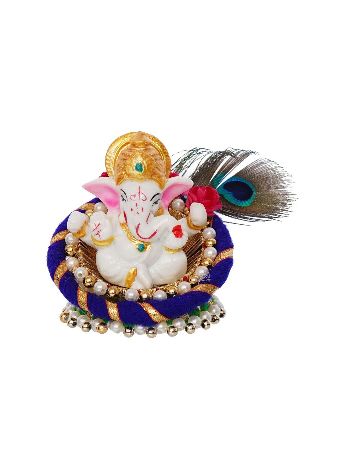 eCraftIndia Blue & White Handcrafted Lord Ganesha Idol on Floral Plate with Peacock Feather Decorative Showpiece