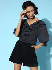 Antheaa Women Deep Navy Blue Polka-Dotted Top