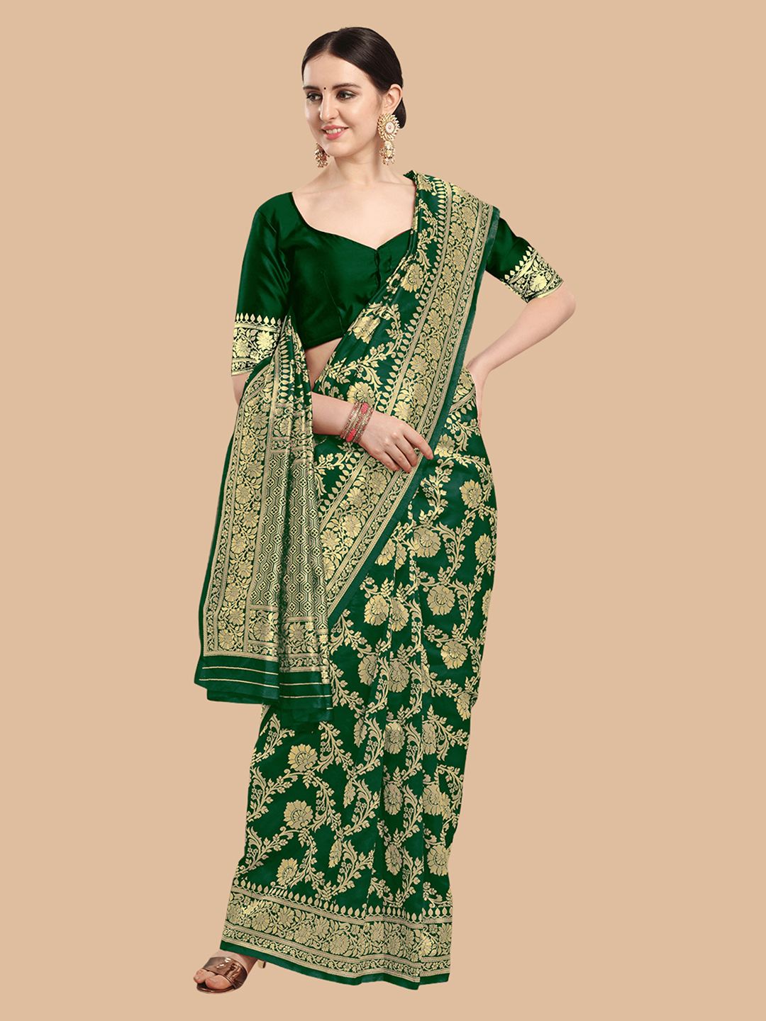 KALINI Green & Gold-Toned Woven Design Silk Blend Banarasi Saree