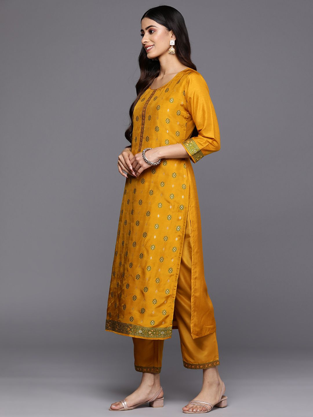 Libas Women Mustard Yellow Floral Kurta with Trousers & With Dupatta
