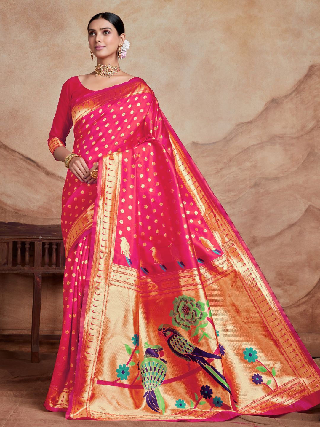 KALINI Ethnic Motifs Silk Blend Woven Paithani Saree with Blouse Piece
