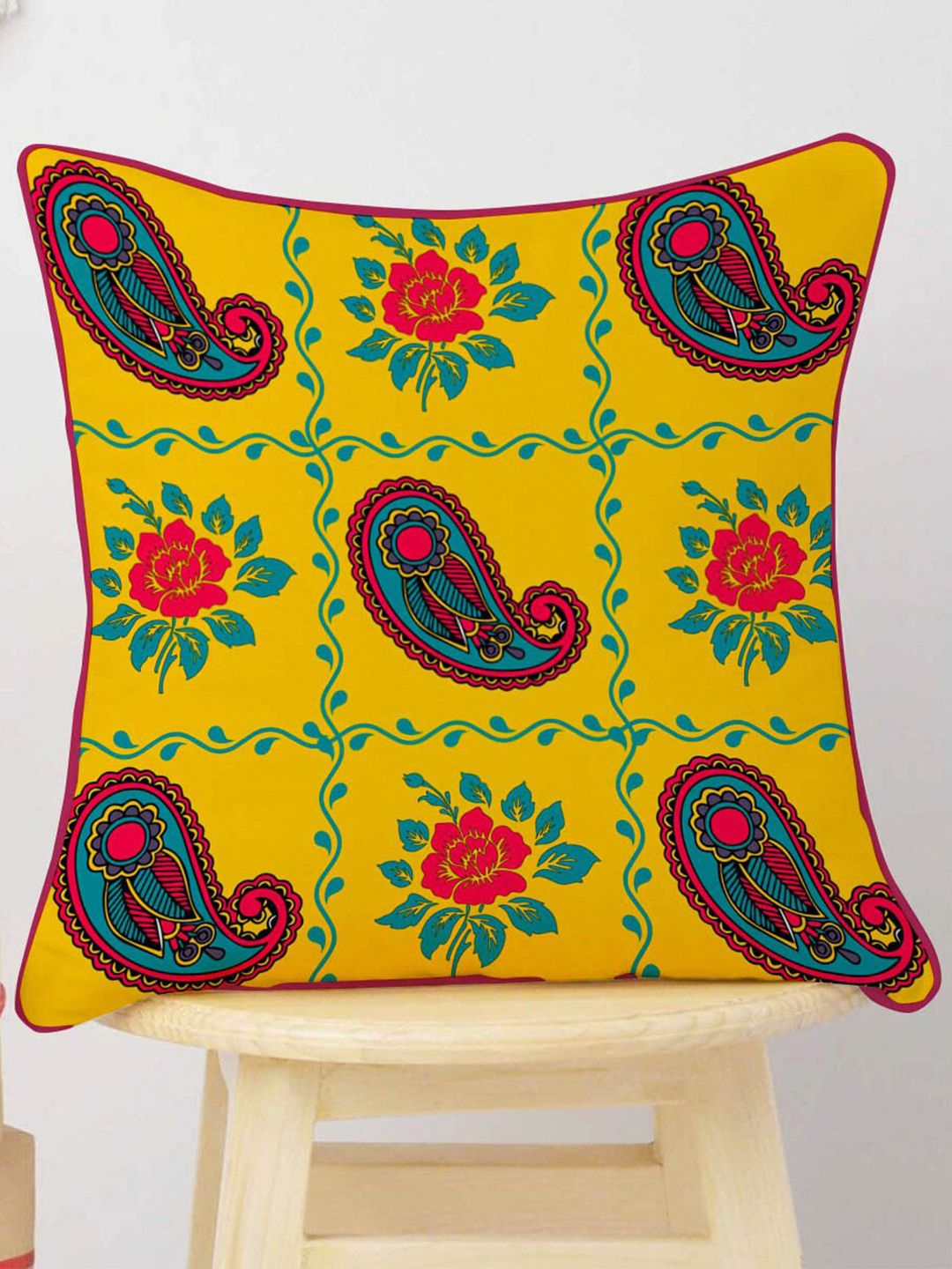 STITCHNEST Yellow & Blue Set of 5 Ethnic Motifs Velvet Square Cushion Covers