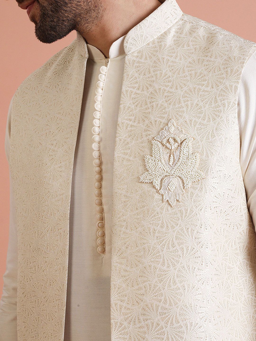 KISAH Men Zari Regular Fit Woven Design Kurta Nehru Jacket Trouser Set
