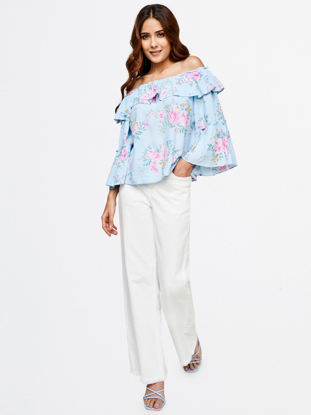 AND Blue Floral Print Off-Shoulder Bardot Top