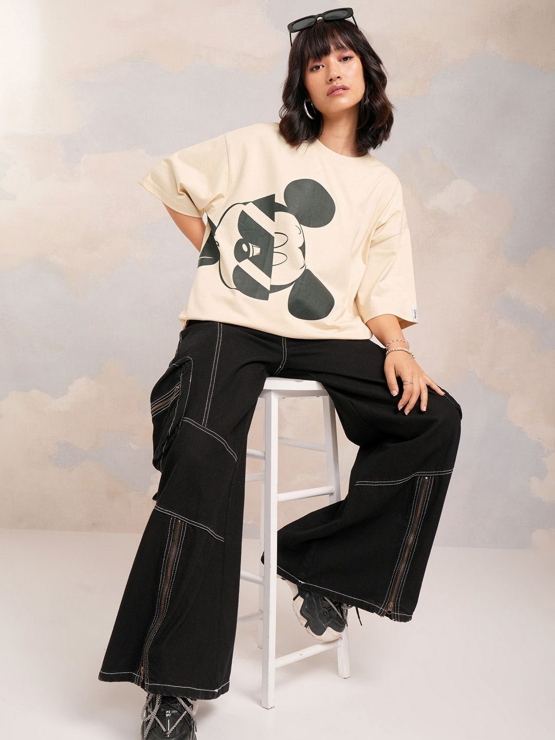 Tokyo Talkies Women Mickey Mouse Printed Oversized Tshirt