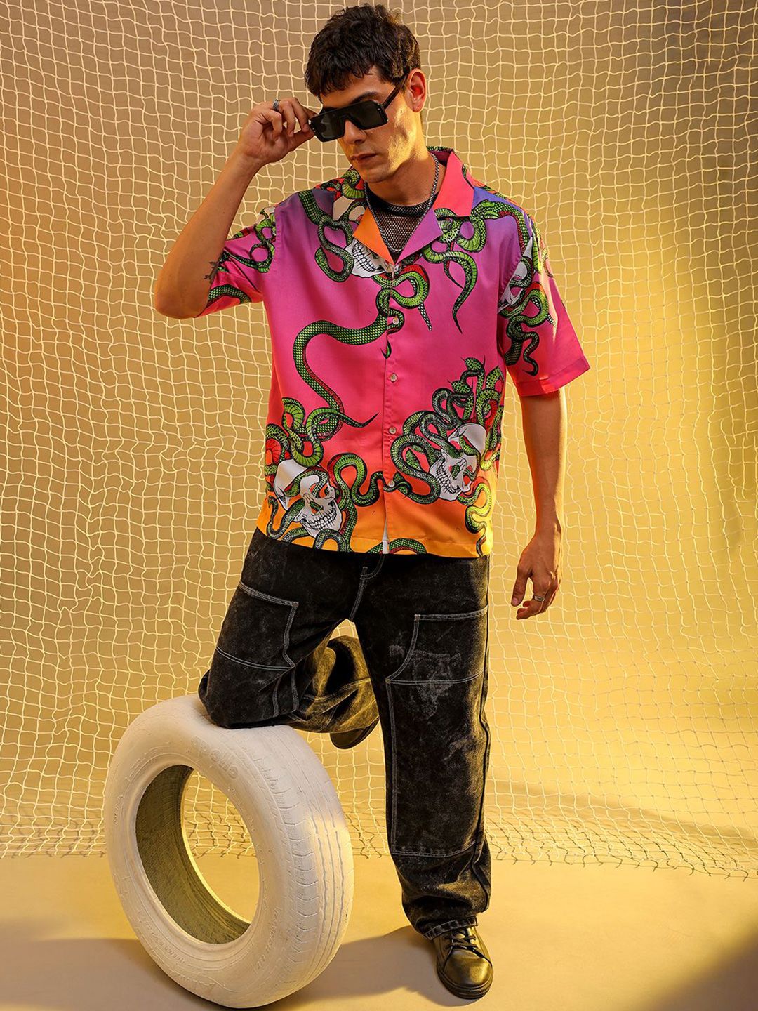 The Indian Garage Co Men Cuban Collar Animal Printed Oversized Resortwear Shirt