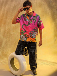 The Indian Garage Co Men Cuban Collar Animal Printed Oversized Resortwear Shirt