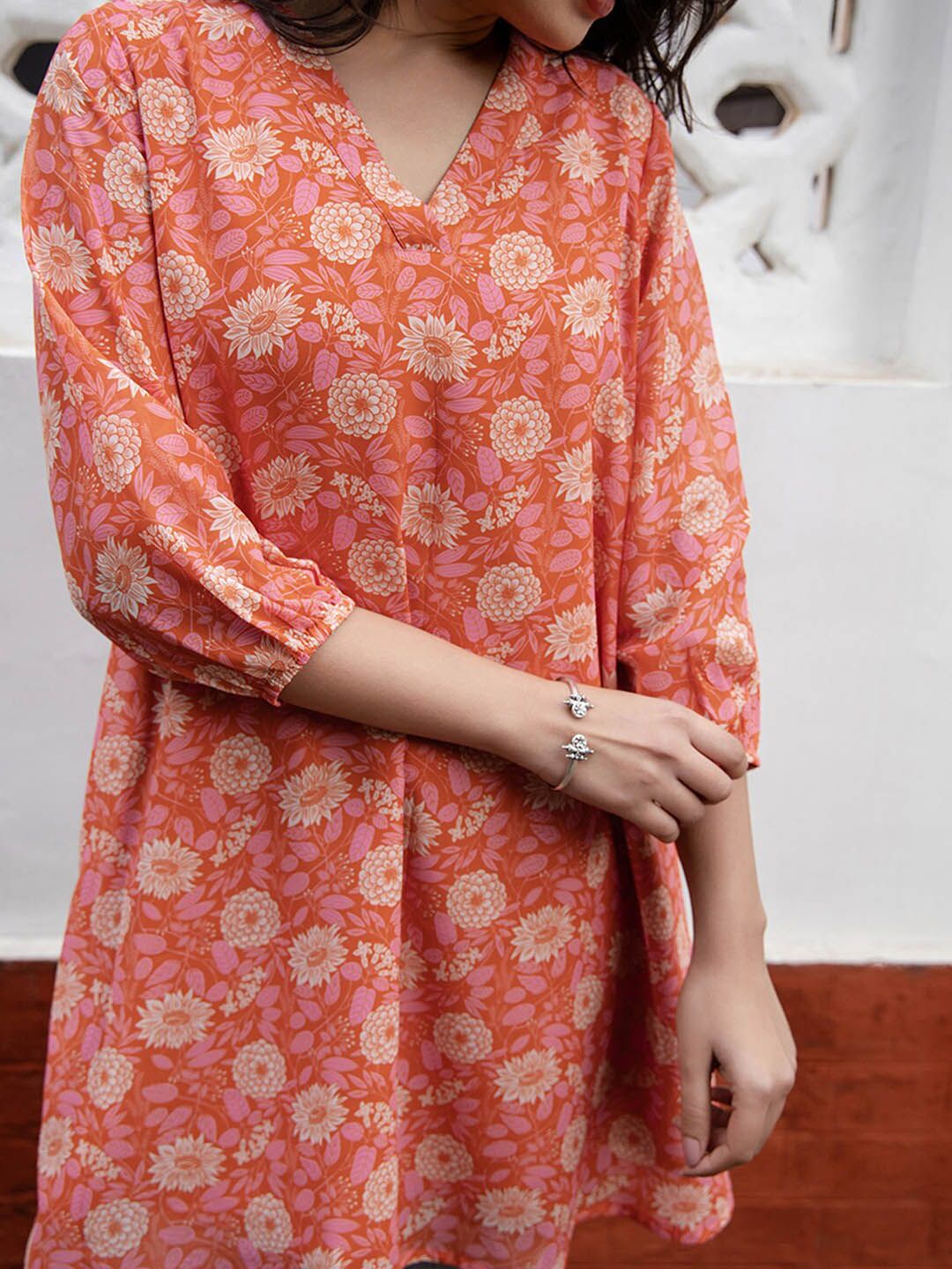 Janasya Women Orange Georgette Floral Printed Regular Tunic