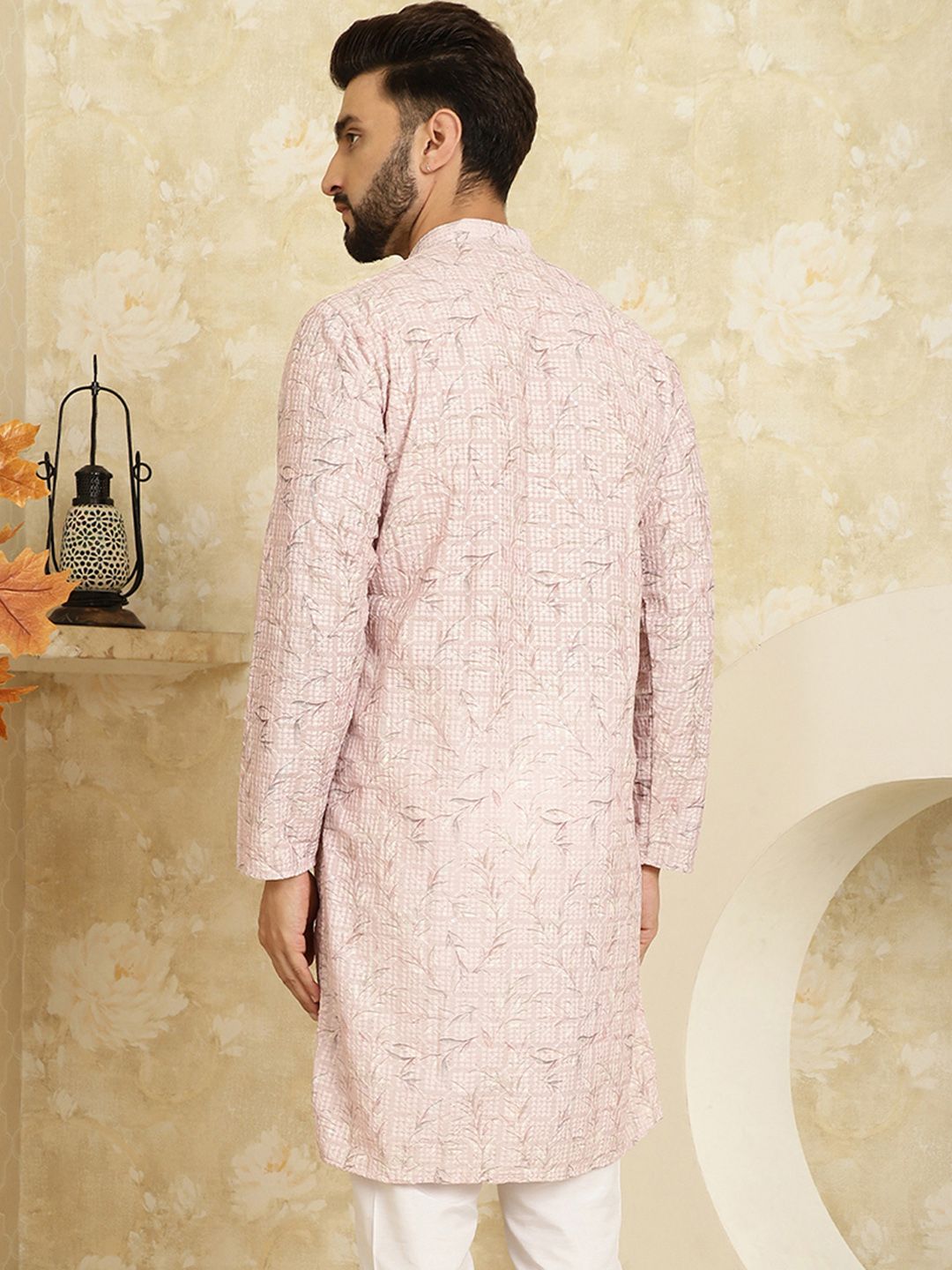 SOJANYA Men Pink Flared Sleeves Thread Work Kurta