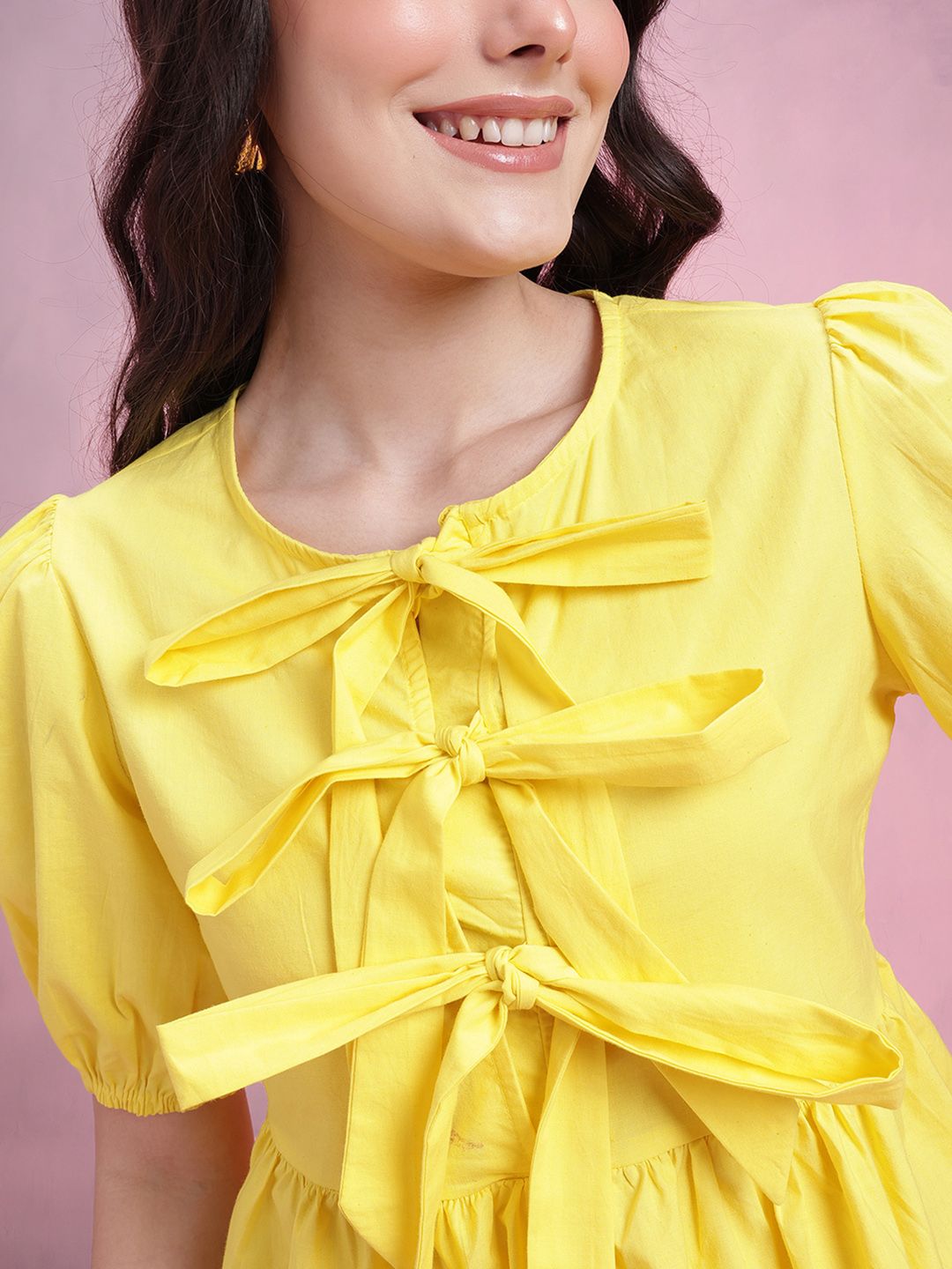 DressBerry Tie-Up Neck Puff Sleeve Pure Cotton A-Line Top