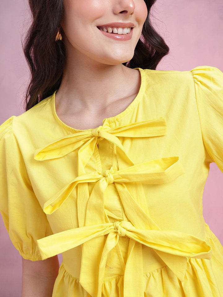 DressBerry Tie-Up Neck Puff Sleeve Pure Cotton A-Line Top