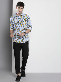 The Indian Garage Co Men Turquoise Blue & Yellow Floral Printed Cotton Casual Shirt
