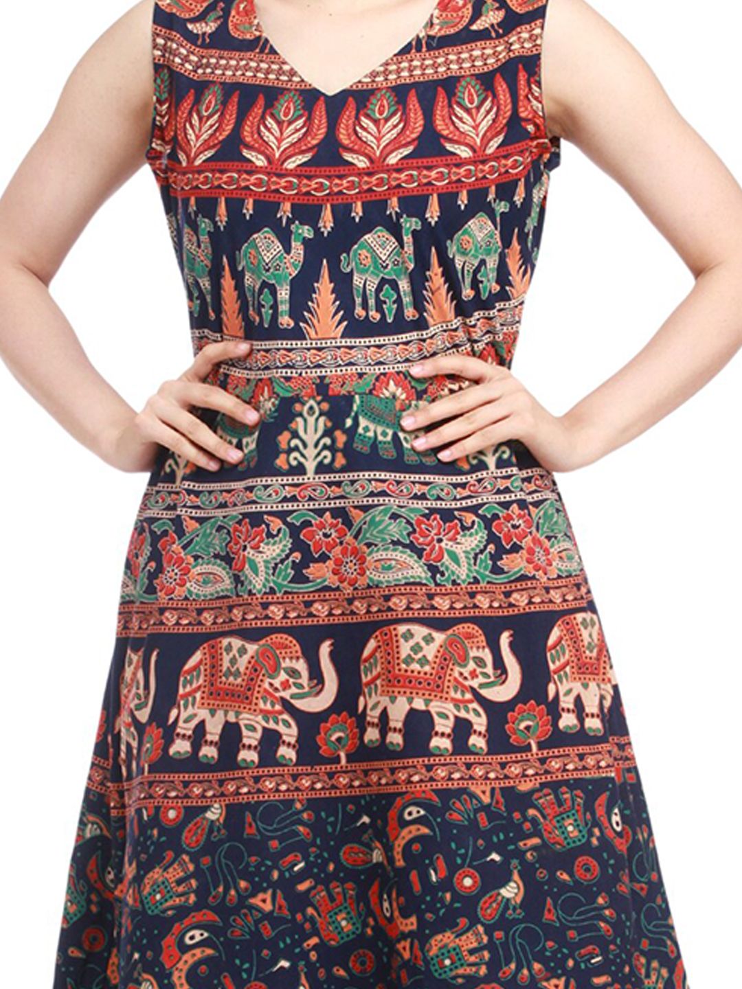 Exotic India Medieval Blue Elephants and Camels Printed Pure Cotton Summer Dress