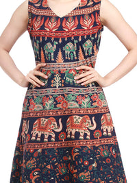 Exotic India Medieval Blue Elephants and Camels Printed Pure Cotton Summer Dress