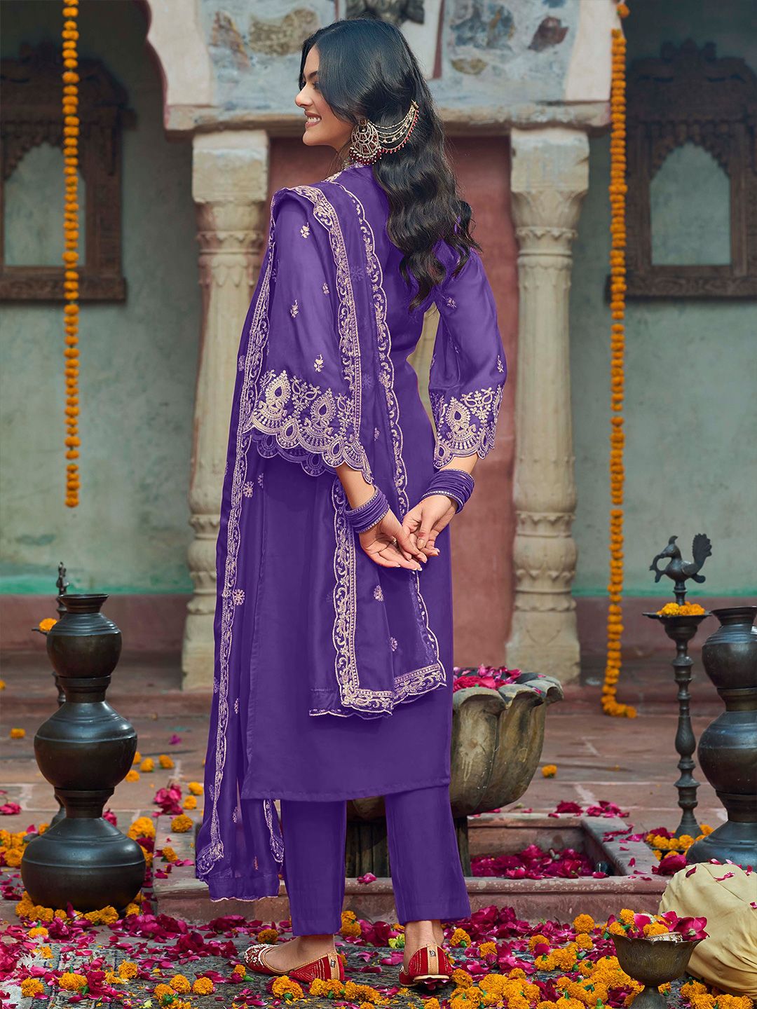 Indo Era Floral Embroidered V-Neck Zari Organza Straight Kurta With Trousers And Dupatta
