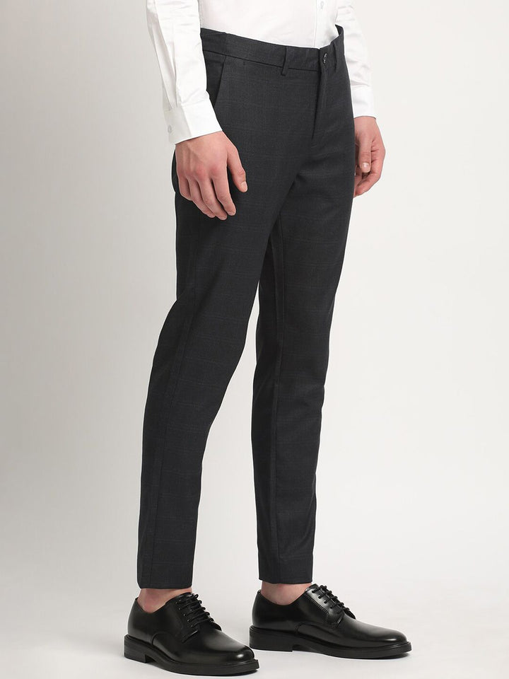 THE BEAR HOUSE Men Solid Checked Tapered Fit Mid-Rise Formal Trousers