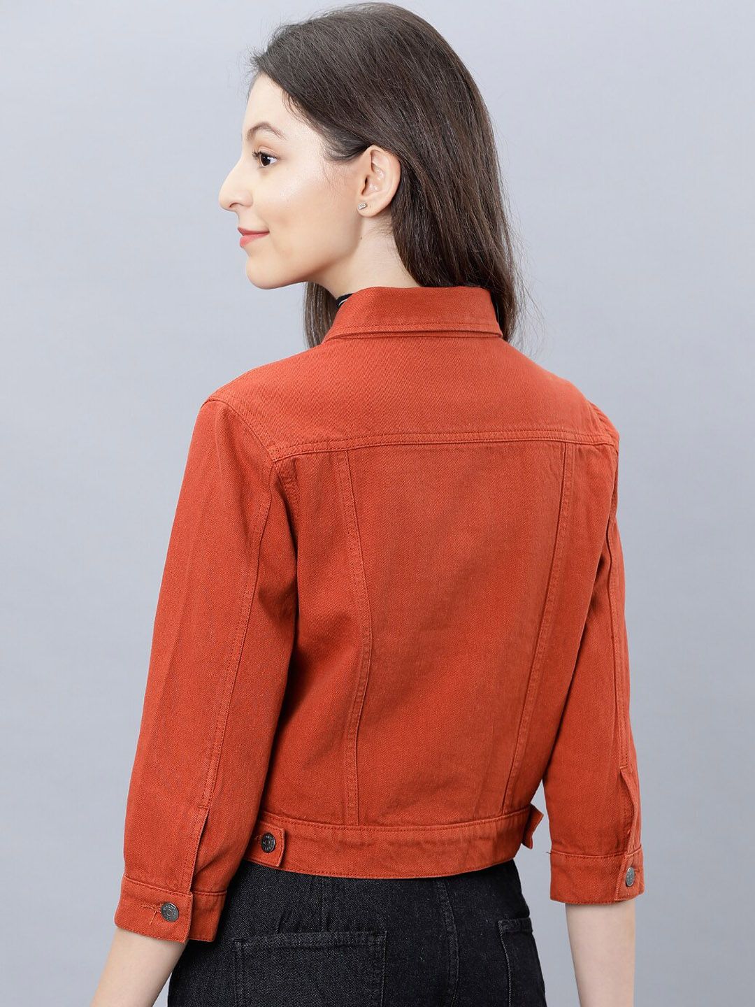 Tokyo Talkies Women Rust Orange Solid Cotton Crop Denim Jacket
