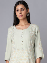 W Women Green & White Floral Printed Thread Work Kurta