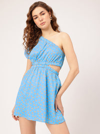 DressBerry Floral Fantasy One-Shoulder Cut-Out Printed Mini A-Line Dress