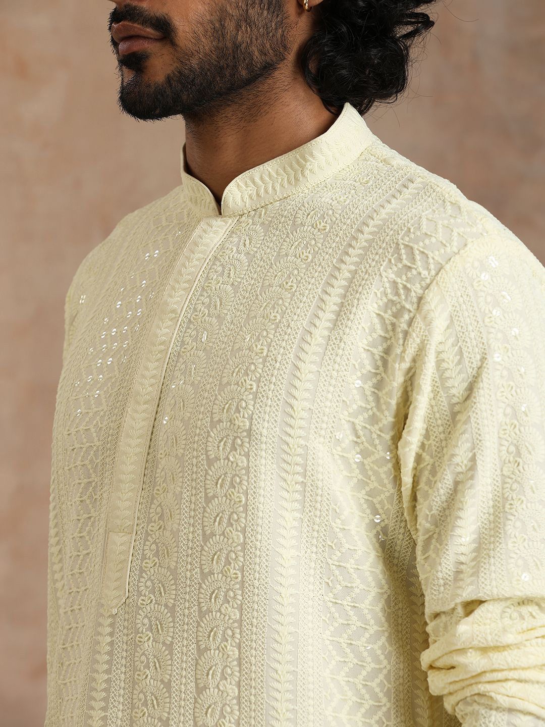 House of Chikankari Men Cream Rayon Sulam Kurta