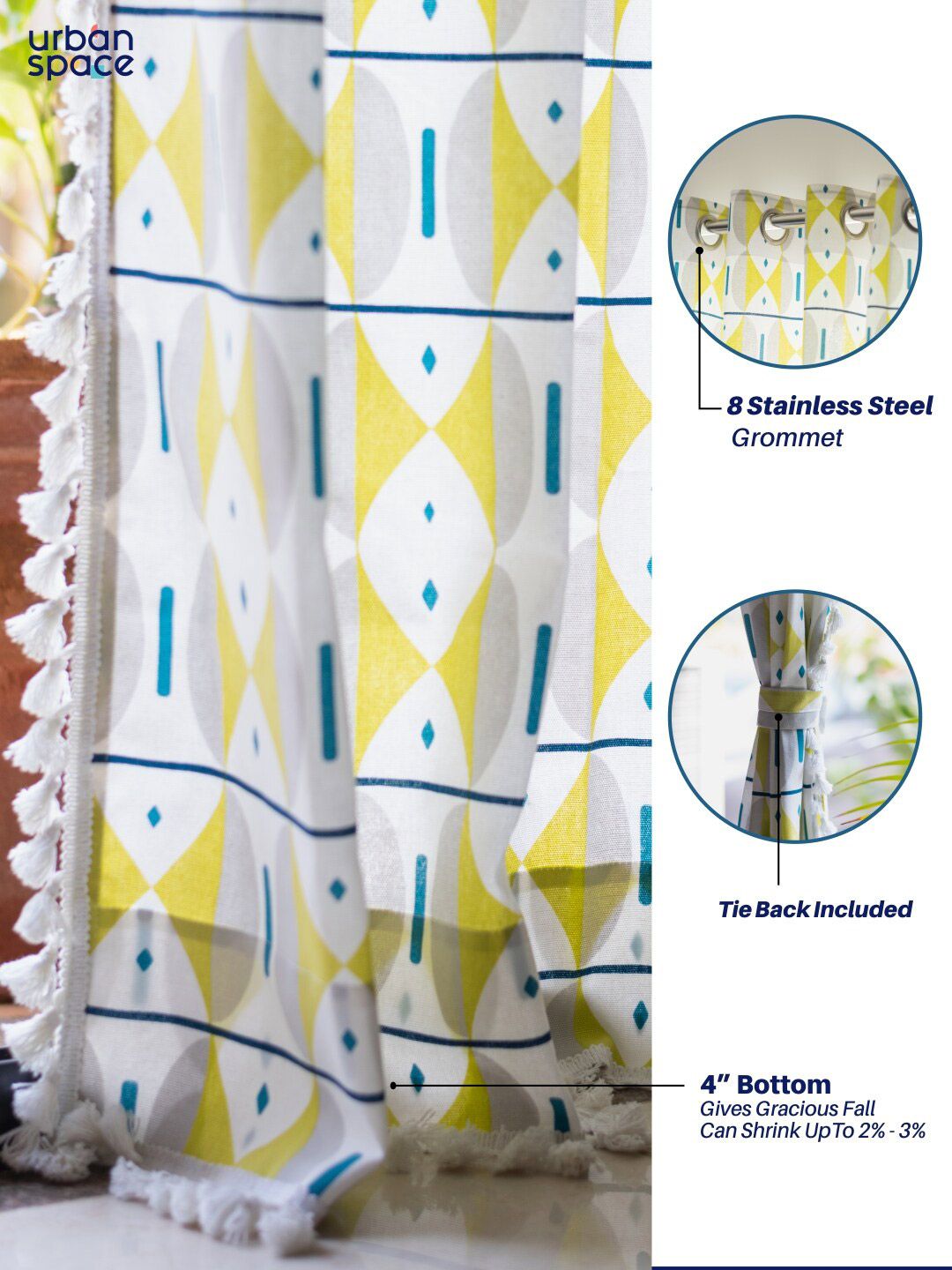 URBAN SPACE White & Lime Green Geometric Cotton Window Curtain