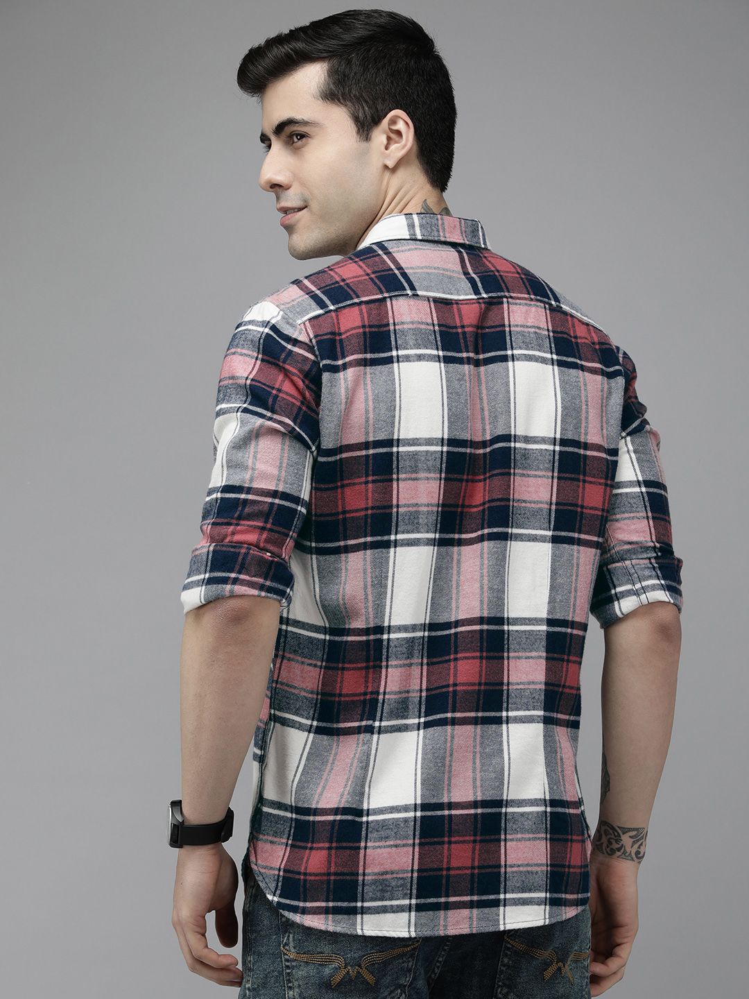 THE BEAR HOUSE Men Pink & Navy Blue Slim Fit Tartan Checked Cotton Casual Shirt