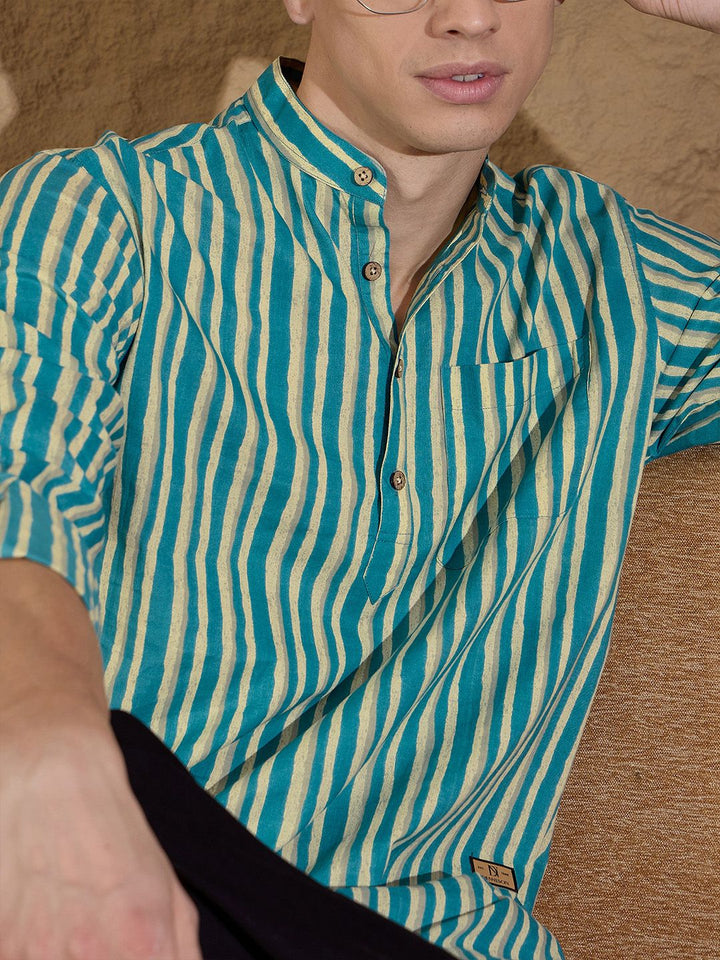 DENNISON Striped Printed Pure Cotton Band Collar Straight Kurta