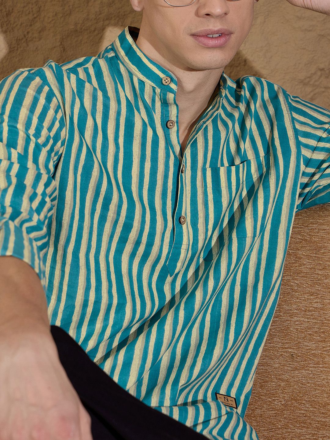 DENNISON Striped Printed Pure Cotton Band Collar Straight Kurta