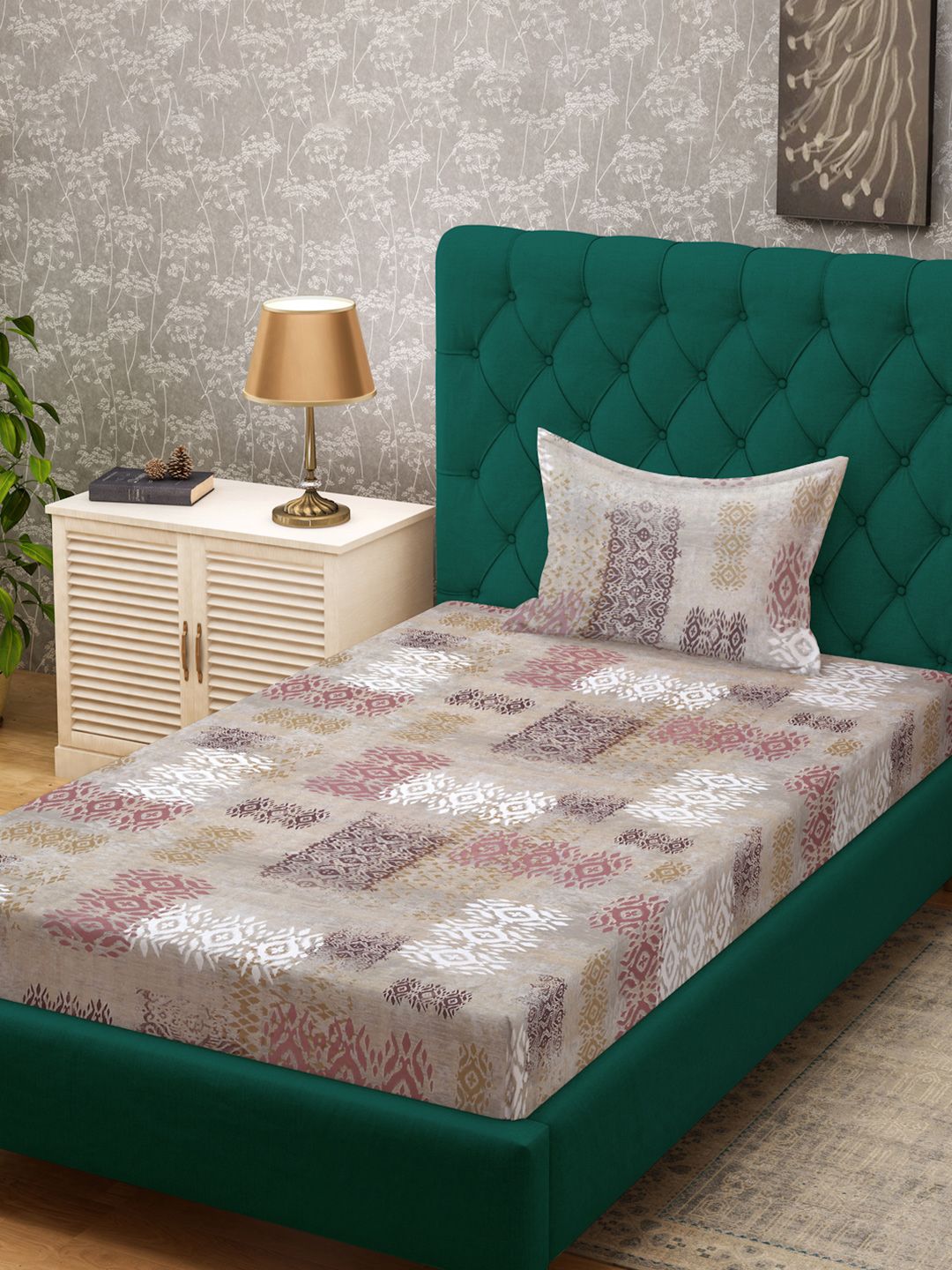 KLOTTHE Beige & Brown Printed Pure Cotton 400 TC Fitted Single Bedsheet With Pillow Cover