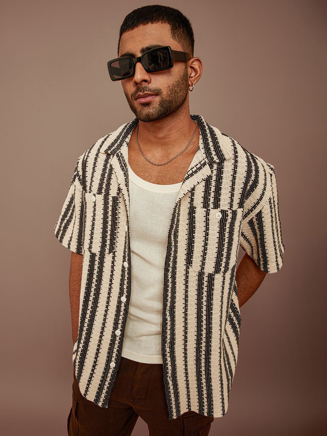 Powerlook Black and Off White Striped Semi Sheer Cotton Oversized Shirt