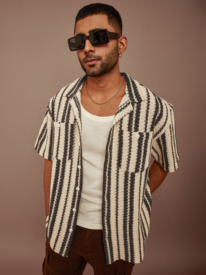 Powerlook Black and Off White Striped Semi Sheer Cotton Oversized Shirt