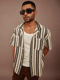 Powerlook Black and Off White Striped Semi Sheer Cotton Oversized Shirt