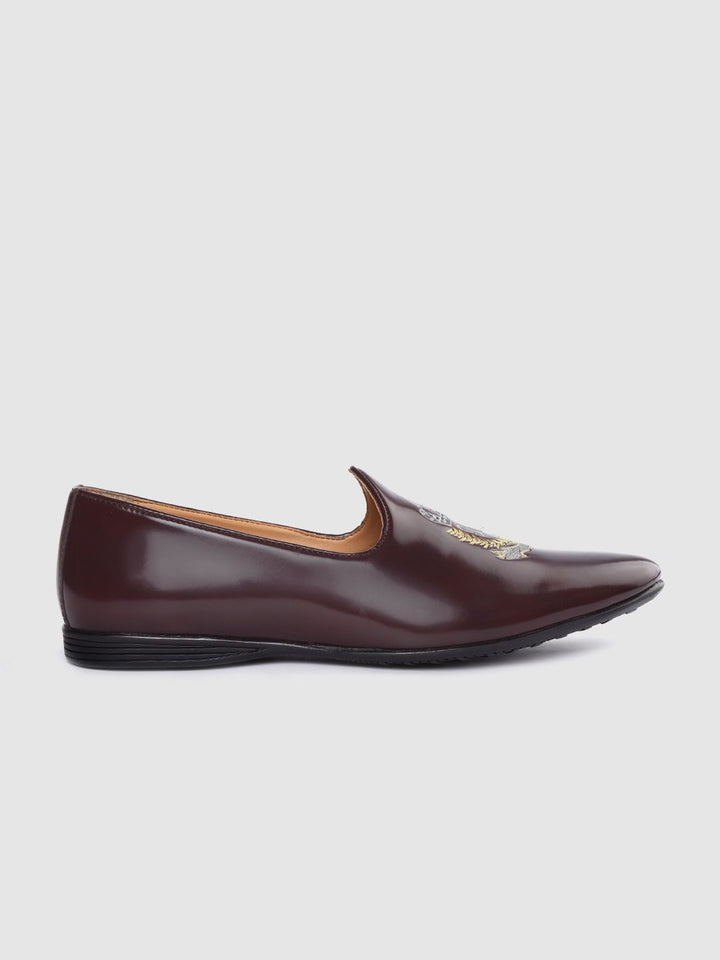 House of Pataudi Men Burgundy Solid Mojaris with Embroidered Detail