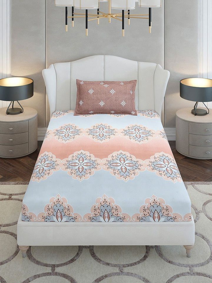 Monte Carlo Brown & Grey Ethnic Motifs Cotton 144 TC Single Bedsheet Set-2.29 m x 1.52 m