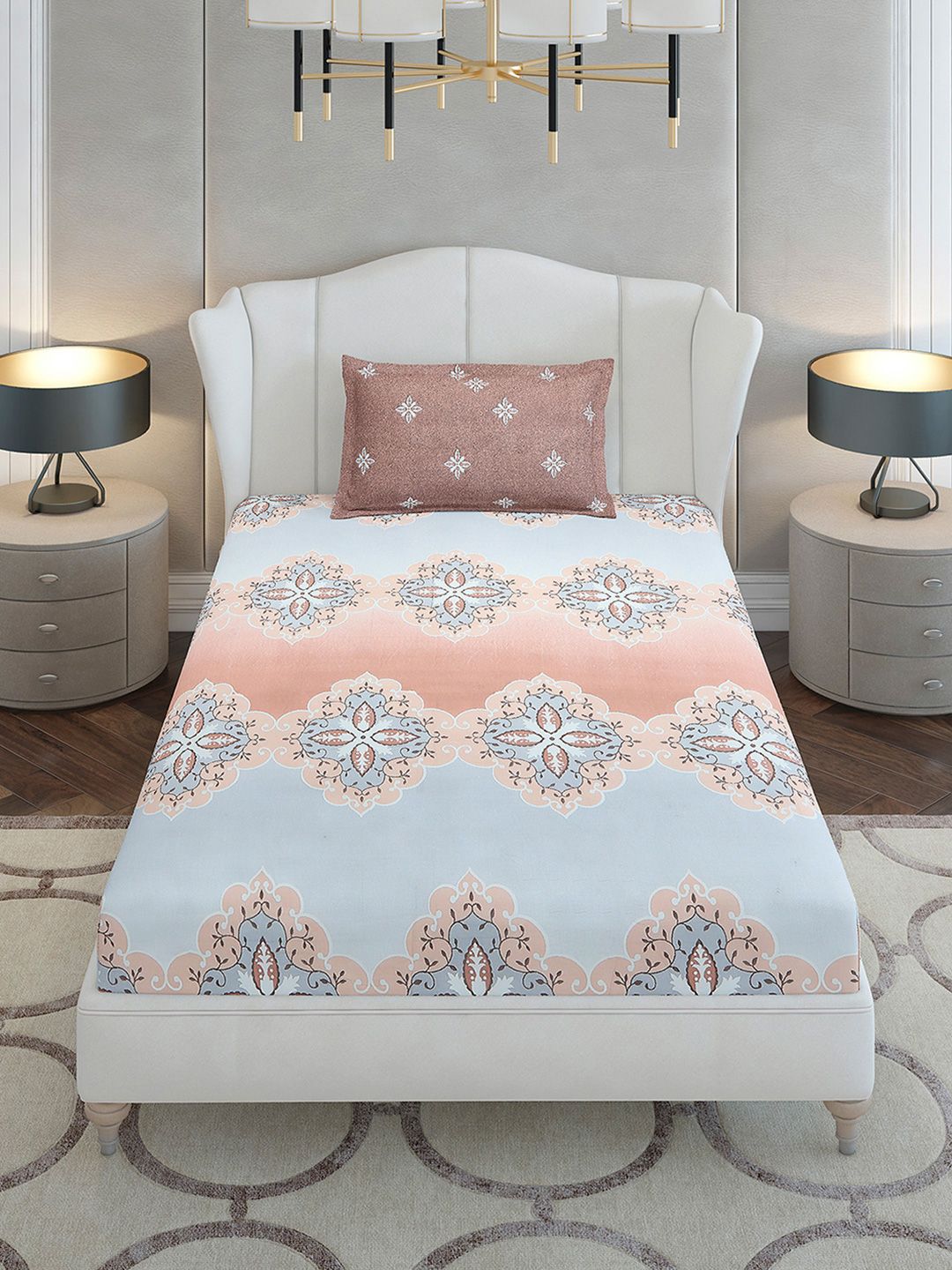 Monte Carlo Brown & Grey Ethnic Motifs Cotton 144 TC Single Bedsheet Set-2.29 m x 1.52 m