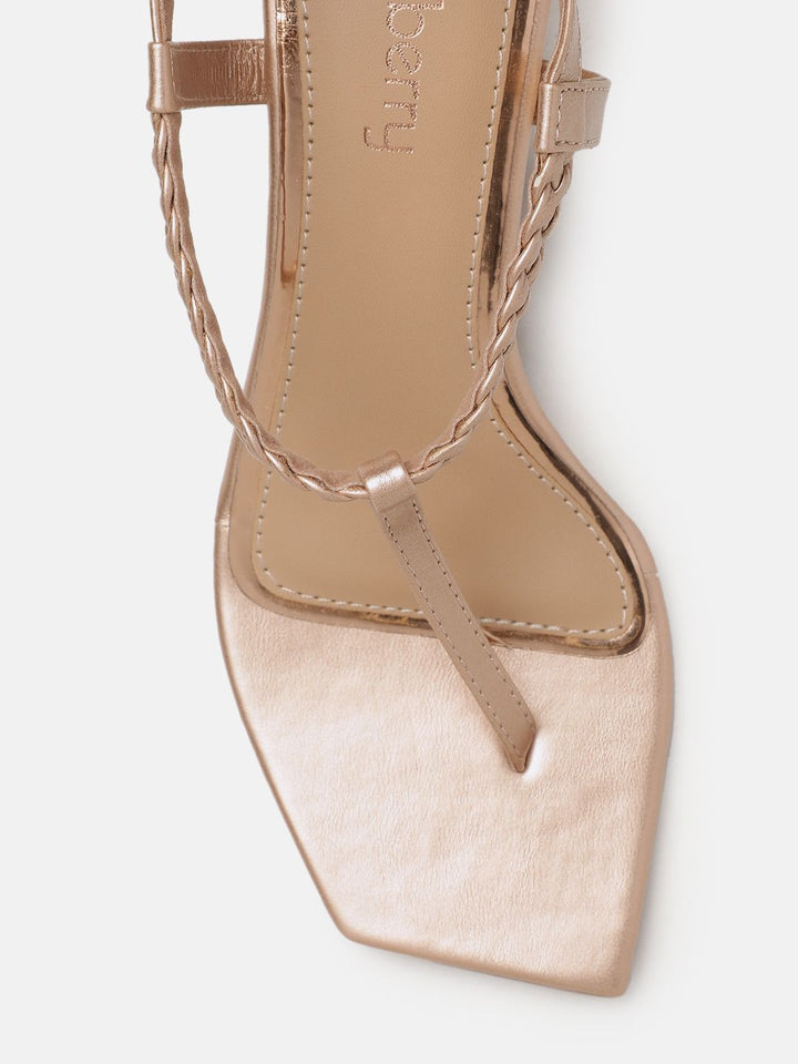 DressBerry Braided Design T-strap Block Heel Sandals