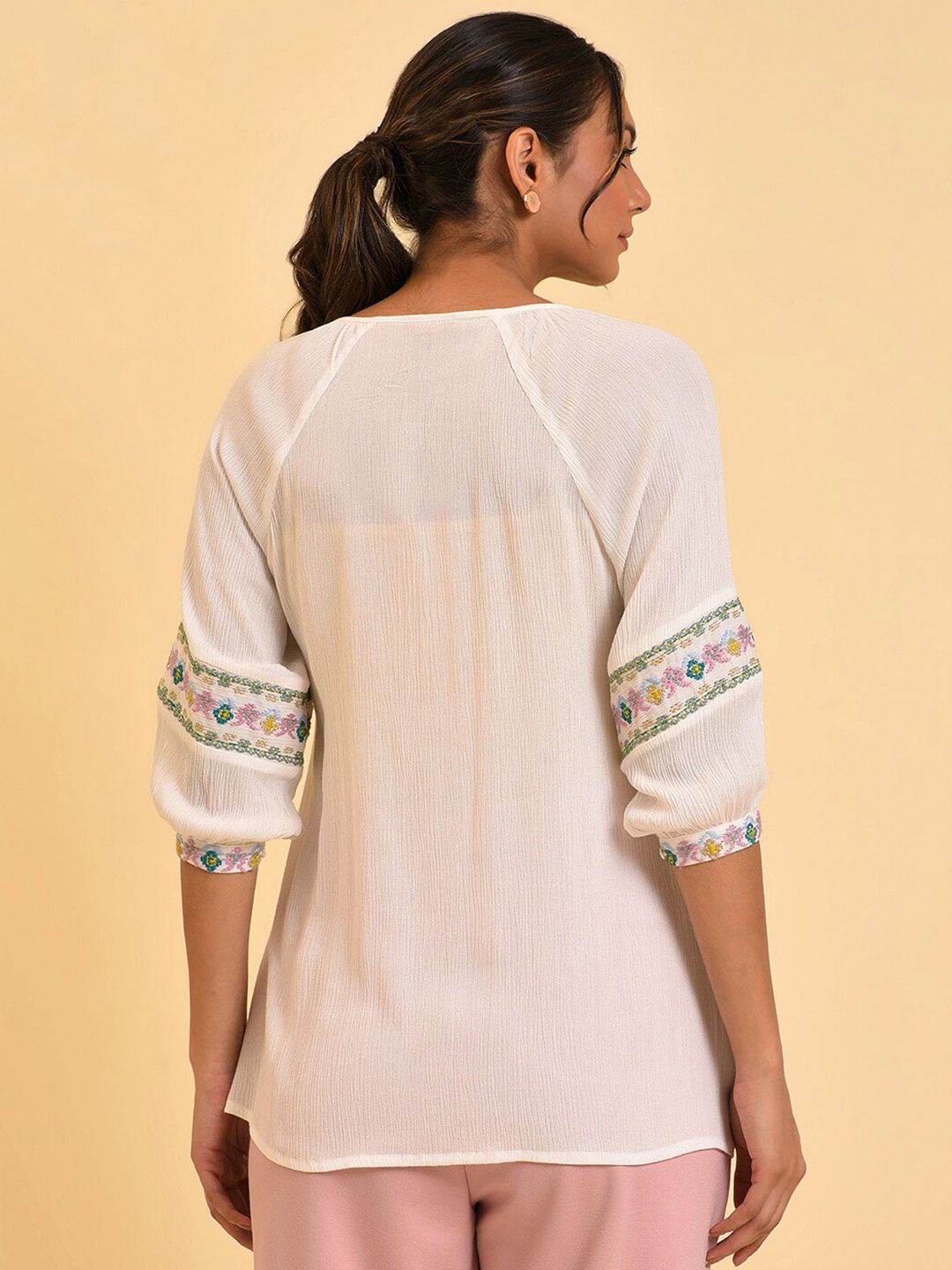 W White Tie-Up Neck Embroidered Raglan Sleeve Top