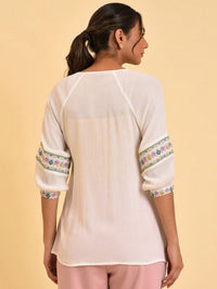 W White Tie-Up Neck Embroidered Raglan Sleeve Top