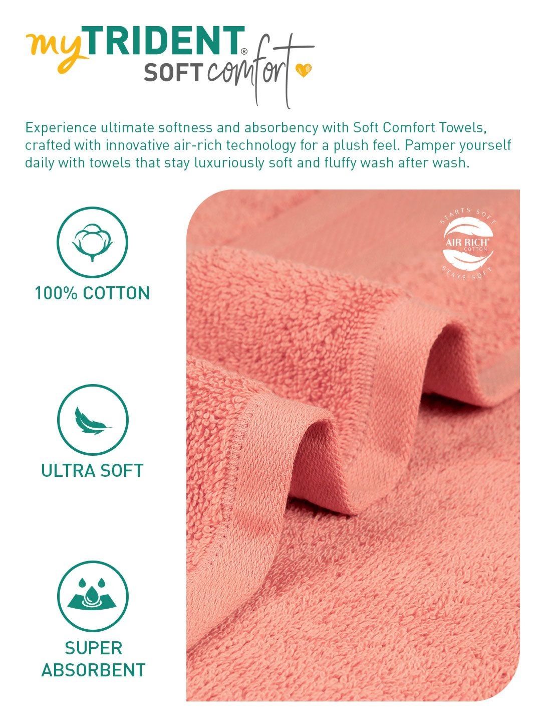 MYTRIDENT Soft Comfort Coral 3 Pieces Pure Cotton 500 GSM Towel Set