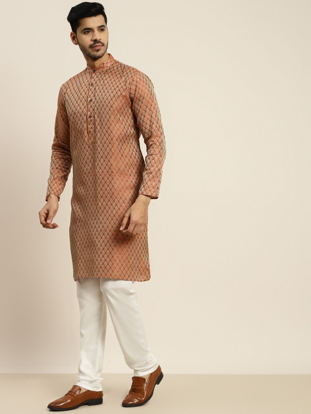 SOJANYA Men Orange Ethnic Motifs Kurta with Churidar with Nehru Jacket