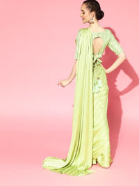 Saree mall Green Striped Satin Party Wear Saree with Matching Blouse