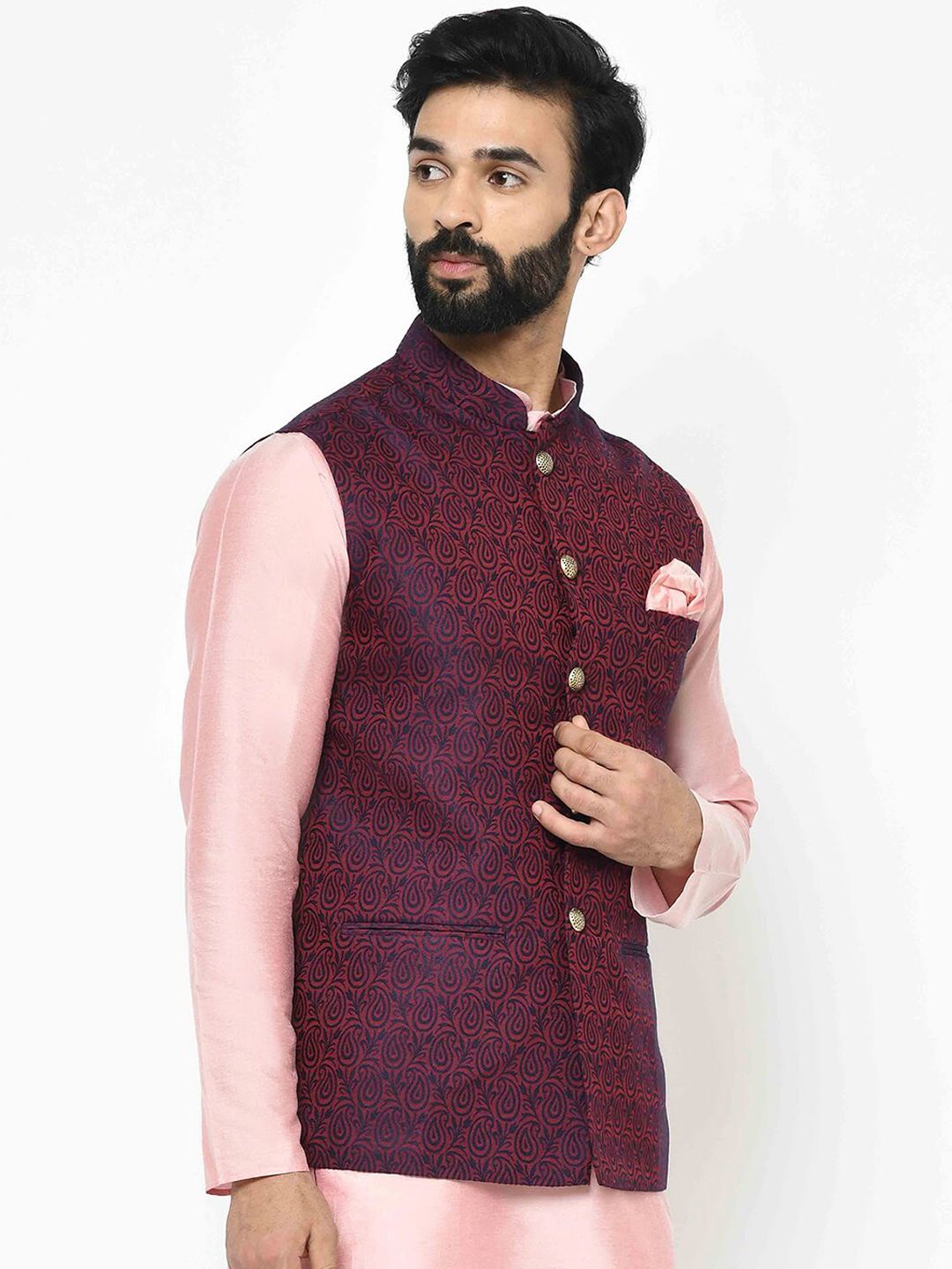 KISAH Men Textured Zari  Regular Fit Nehru Jacket