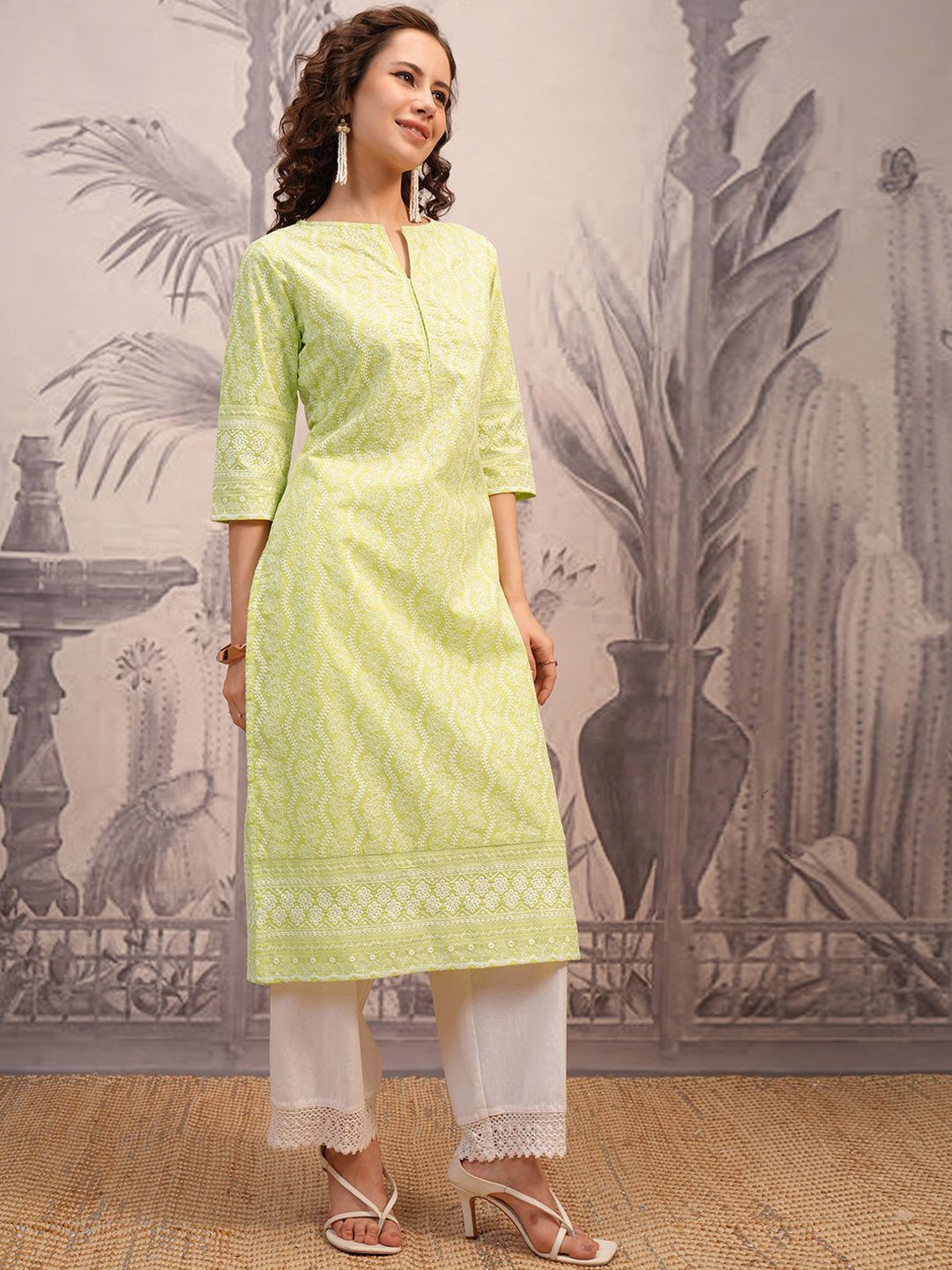 Vishudh Lime Green Floral Embroidered Straight Kurta