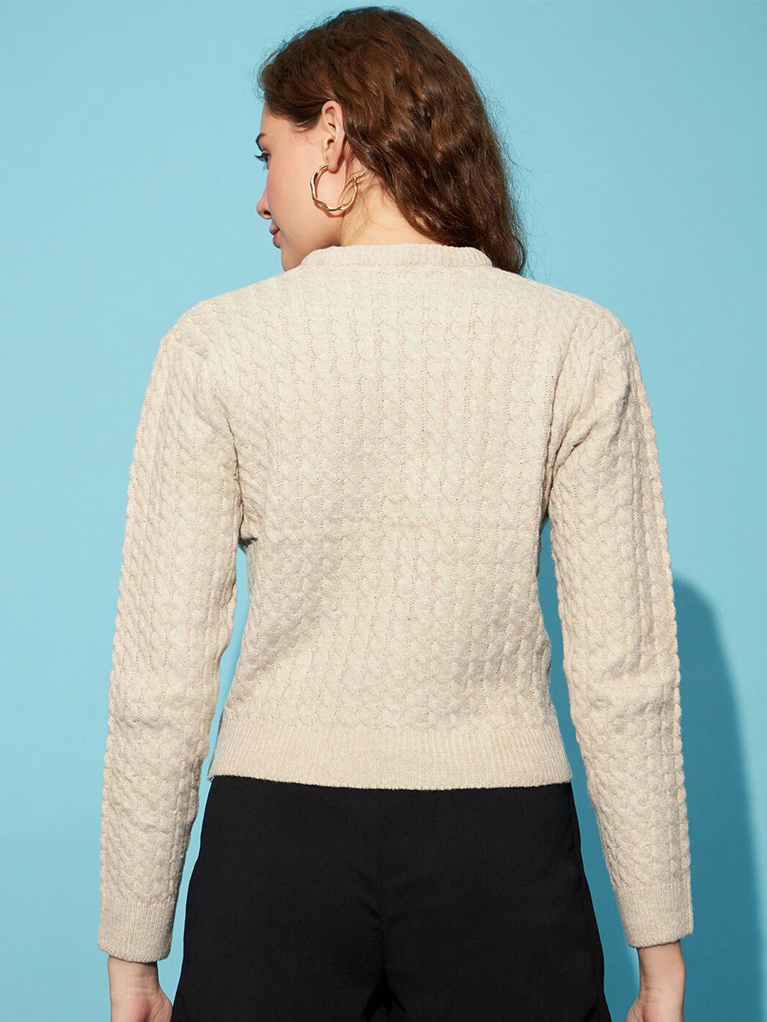 STREET 9 Beige Cable Knit Round Neck Long Sleeves Acrylic Cardigan Sweater