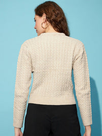 STREET 9 Beige Cable Knit Round Neck Long Sleeves Acrylic Cardigan Sweater